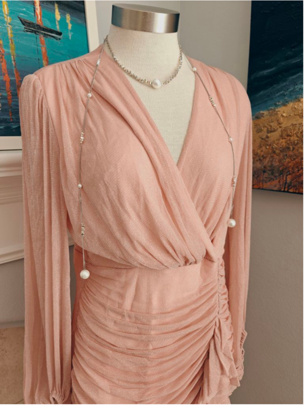 Women's ANANY Pink Long Sleeve Ruched Ruffle Mini Dress - Picture 4 of 10